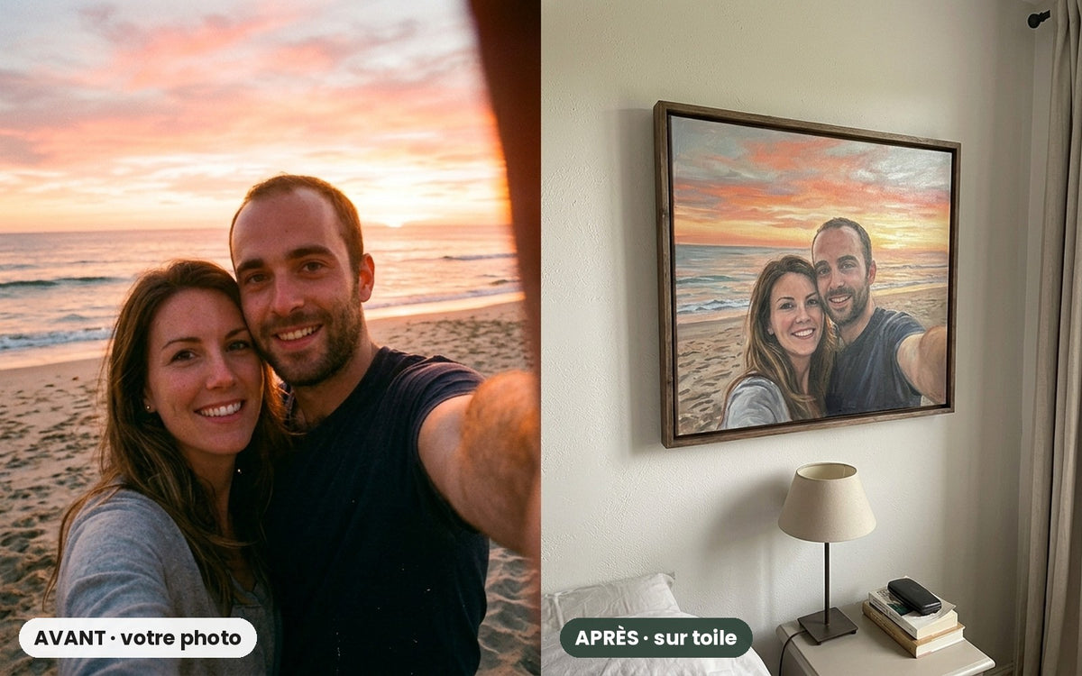 Avant / après : selfie d'un couple à la plage et son portrait sur toile