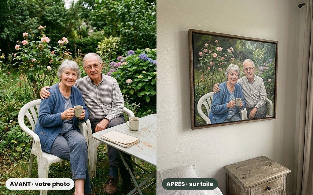 Avant / après : grands-parents dans leur jardin et leur portrait sur toile