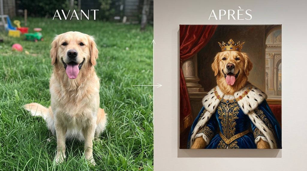 Exemple de réalisation en style royal : photo d'un golden retriever et son portrait en roi imprimé sur toile