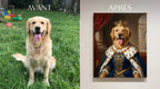 Exemple de réalisation en style royal : photo d'un golden retriever et son portrait en roi imprimé sur toile